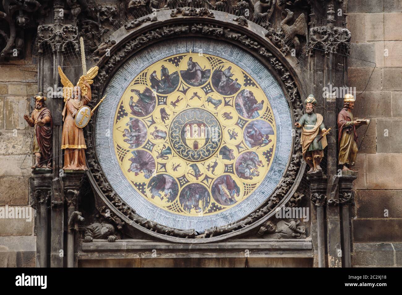Astronomical Clock Orloj closeup in Czech Republic, Europe. Vintage style. Prague clock tower