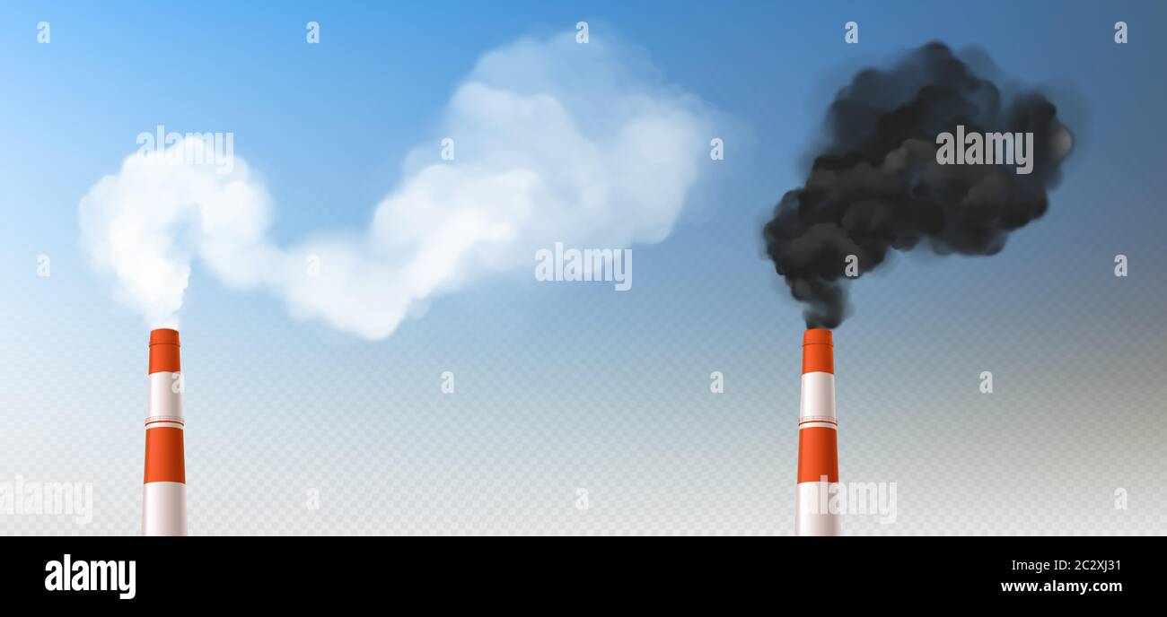 Red white chimneys with smoke, pipes with steam set. Industrial smog clouds, factory or plant flues isolated on blu sky background, environmental air Stock Vector