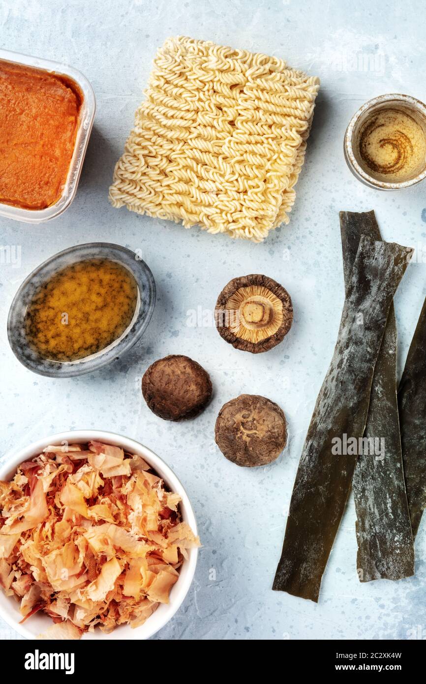 Ramen ingredients. Dried sea vegetable kelp, soba instant noodles, miso