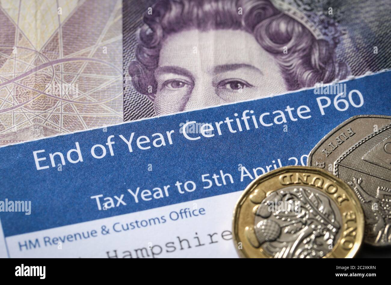 P60 certificate or form showing yearly earnings for the previous tax year , in the UK Stock Photo