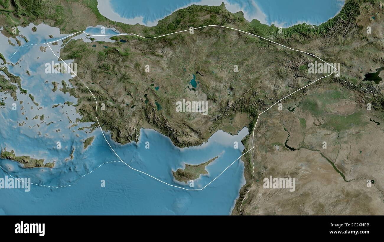 Outline of the Anatolian tectonic plate with the borders of surrounding plates against the background of a satellite map. 3D rendering Stock Photo