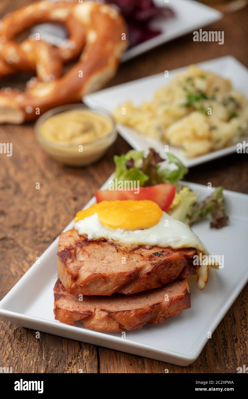 closeup of a bavarian leberkaese with egg Stock Photo - Alamy