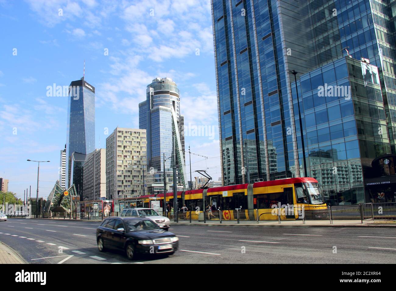 Modern architecture in Warsaw, Poland. Busy traffic in capital of Poland Warsaw city Stock Photo