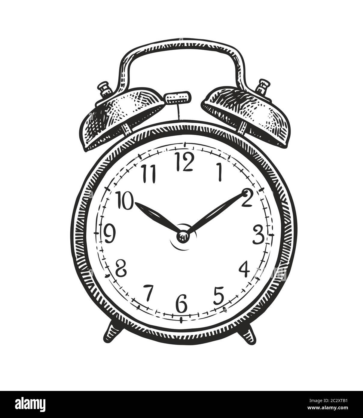 Retro alarm clock sketch. Hand-drawn vintage vector illustration Stock Vector
