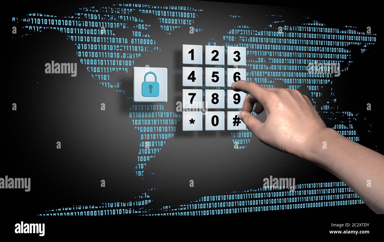 Map Keypad Grid World map and data cloud with closed padlock - pin input at the numeric ...