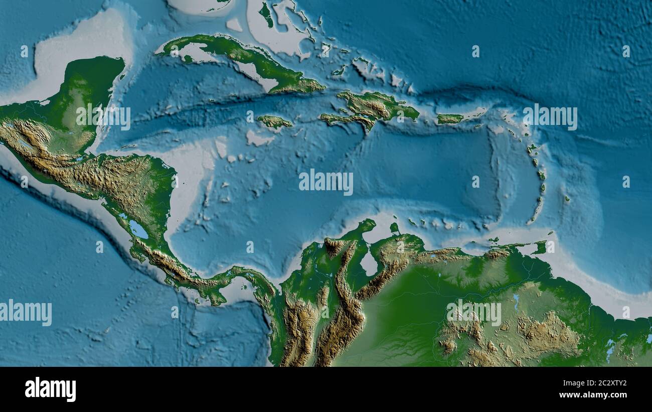 Physical map of the area around the Caribbean tectonic plate. 3D ...