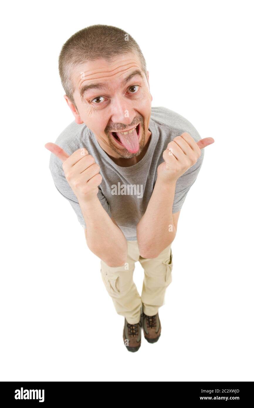geek silly man full length going thumb up, isolated Stock Photo