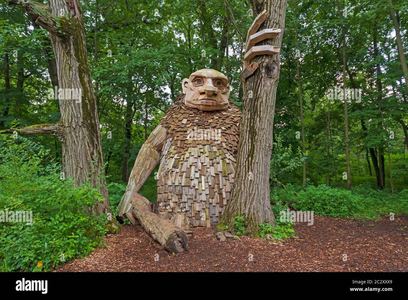 Wooden Troll Sculpture in the Forest in Morton Arboretum in Illinois
