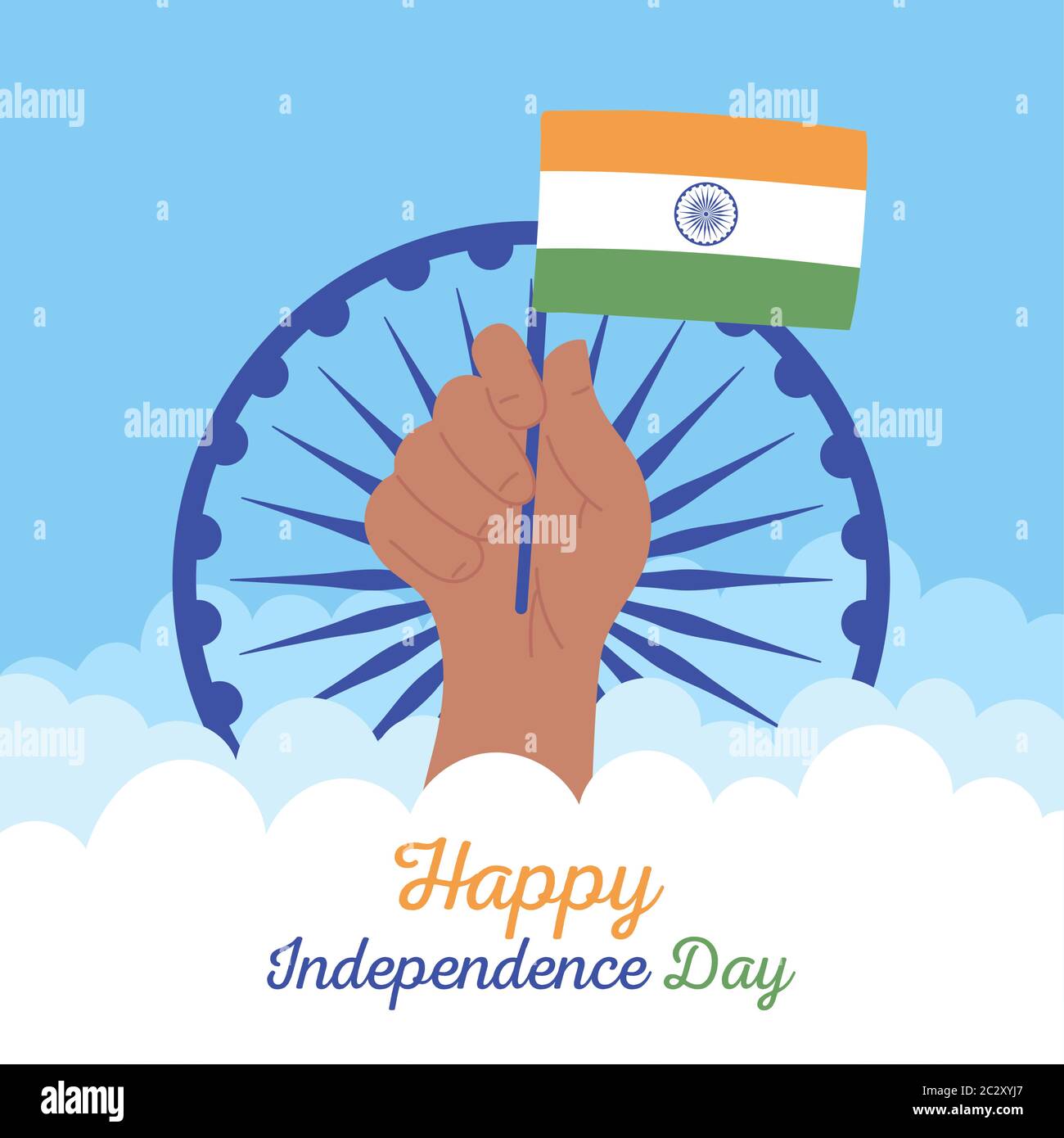 happy independence day india, raised hand with flag in pole with wheel ...