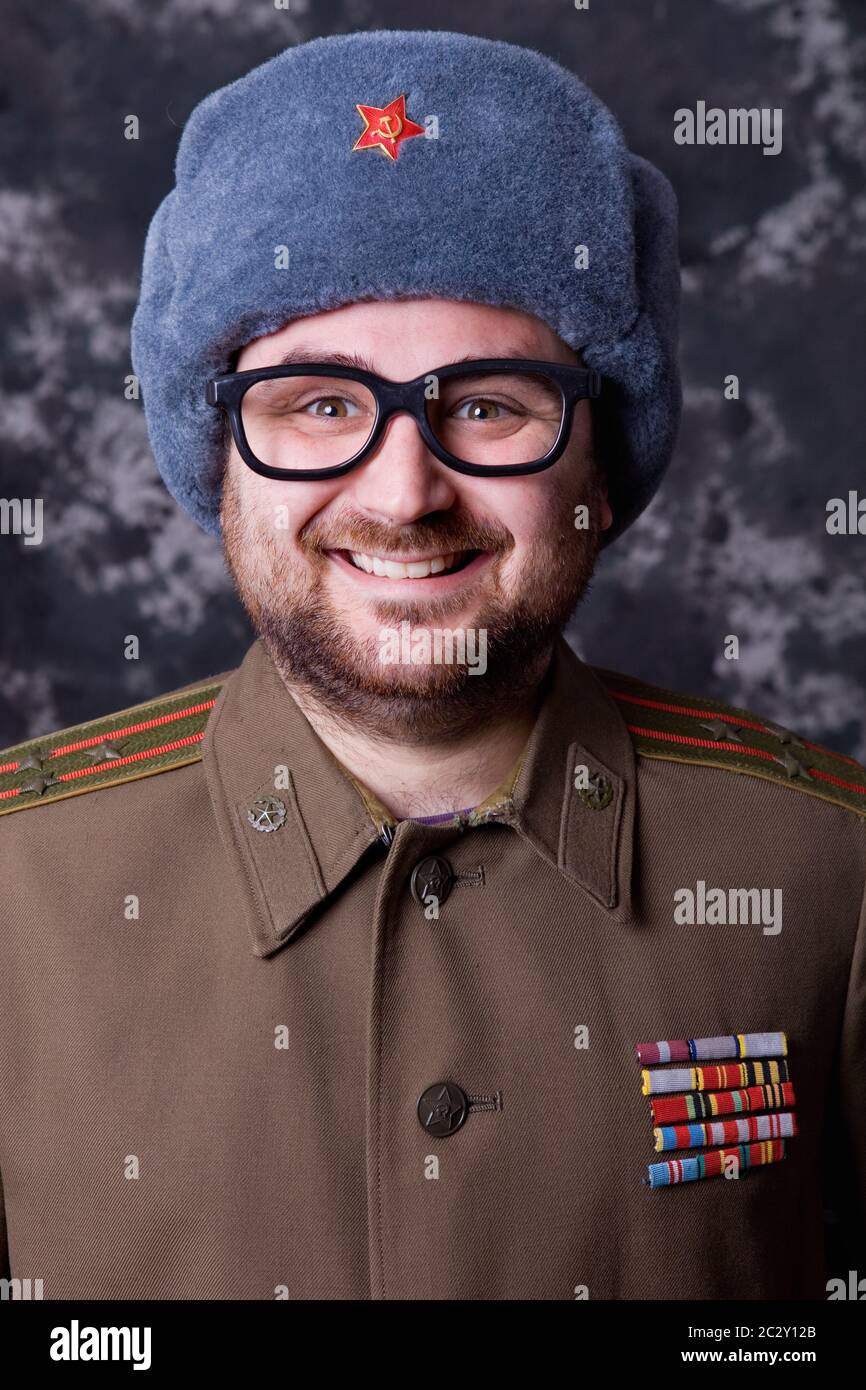 young man dressed as russian military, studio Stock Photo
