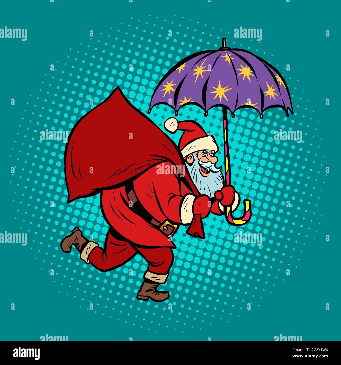 Santa Claus with star umbrella, magical night. Christmas and New year.  Comic cartoon pop art retro vector illustration drawing Stock Photo - Alamy