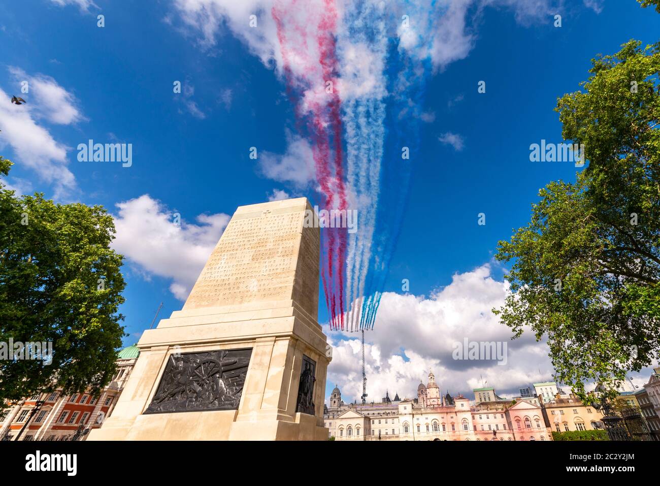 Westminster, London, UK. 18th Jun, 2020. The Royal Air Force Red Arrows and the French Air Force Patrouille de France display teams carried out a flypast over London to honour the 80th anniversary of the 'Appel' speech by Charles de Gaulle which is considered to be the origin of the French Resistance to the German occupation during World War II. The teams passed over Buckingham Palace, St. James's Park and Horse Guards Parade Stock Photo