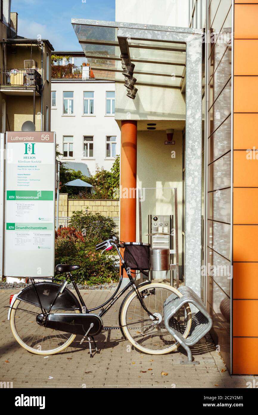 October 19, 2018 Germany. Clinic Helios Krefeld. Bicycle ecological mode of transport in Europe. Bicycle parking on the territor Stock Photo