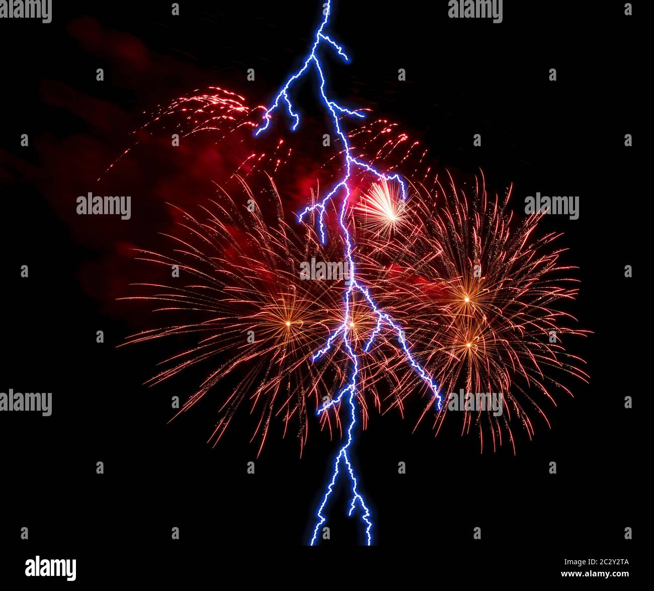 Fireworks with thunderstorm lightning Stock Photo Alamy