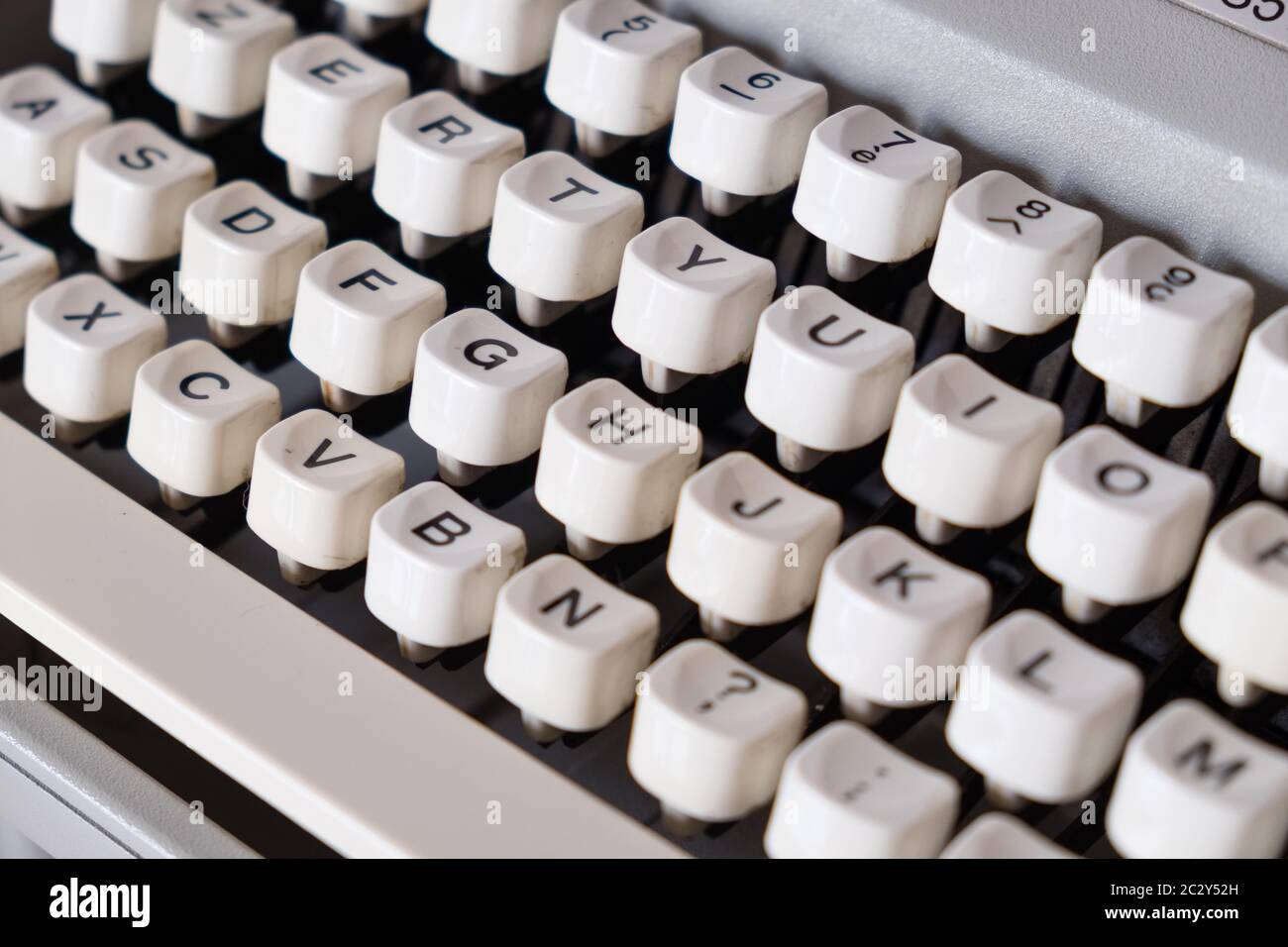 Classic typewriter, Olivetti model "Lettera35" designed in 1972, closeup view of the mechanical