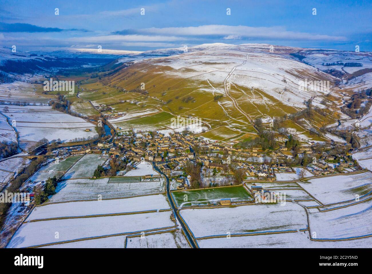 Winter Aerial View of Kettlewell a village in Upper Wharfedale, North Yorkshire, England. Stock Photo