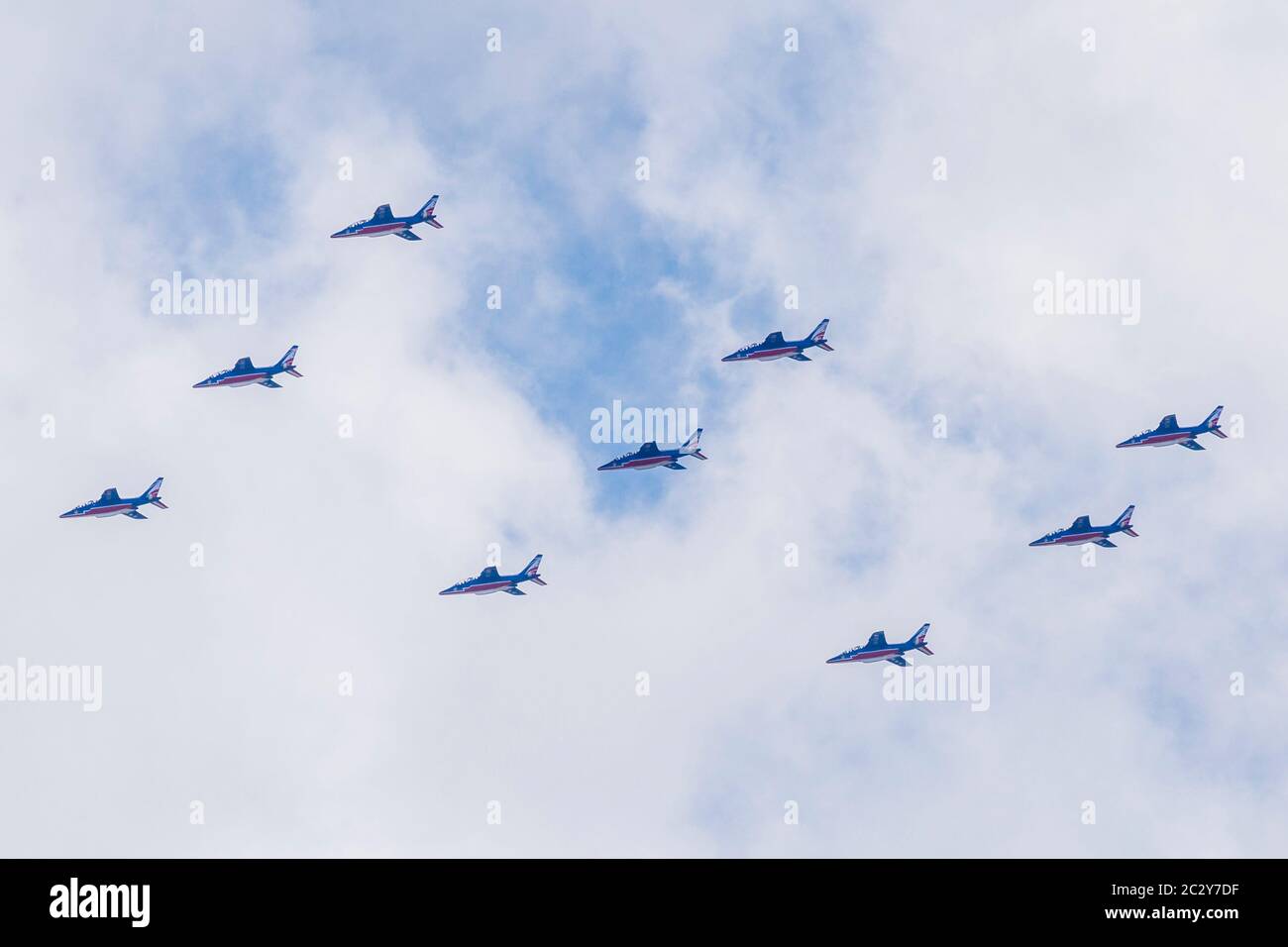 Fixed Formation of the 9 Aircraft comprising French Air Force Display Team- Patrouille Acrobatique de France Stock Photo