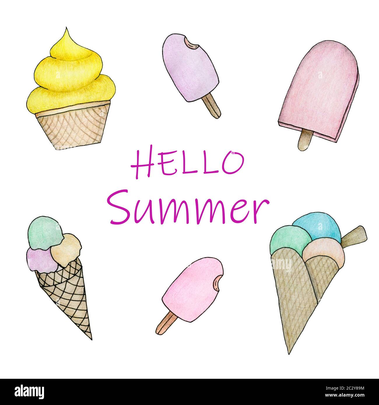 Ice Cream Collection Summer Illustration With Hand Drawn Ice Cream 