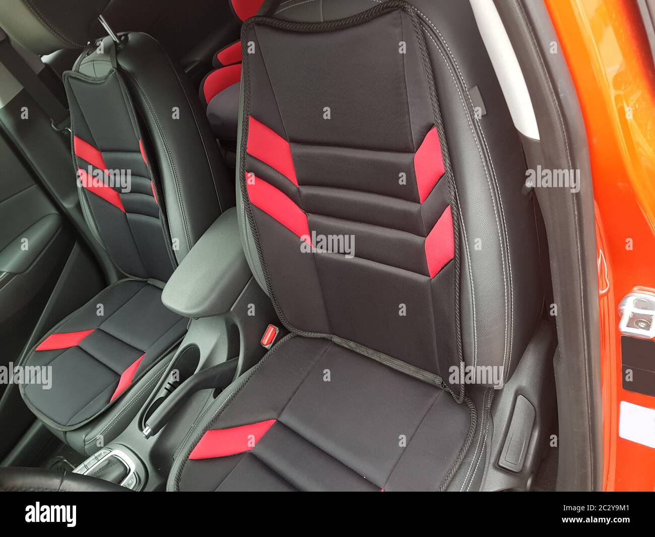 Close up, car interior. Passenger seats in modern luxury SUV car with