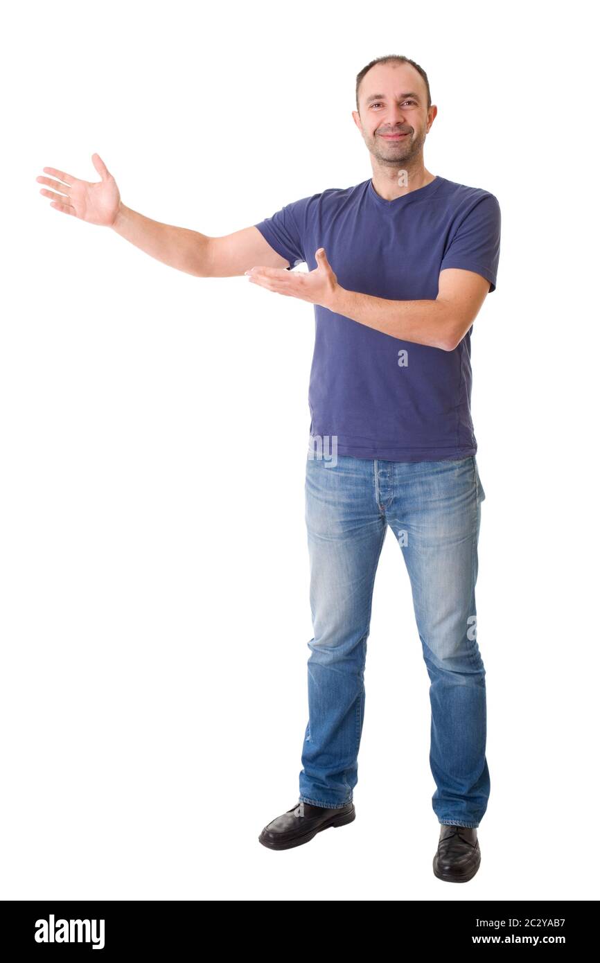 Casual Man With Arm Out In A Showing Gesture Isolated On White Stock Photo Alamy Casual Man With Arm Out In A Showing Gesture Isolated On White Stock Photo Alamy