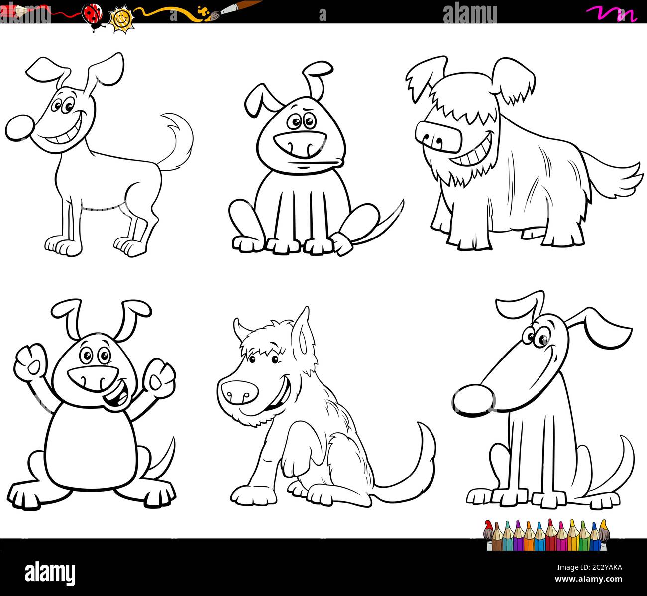 cartoon dogs and puppies coloring book page Stock Photo - Alamy
