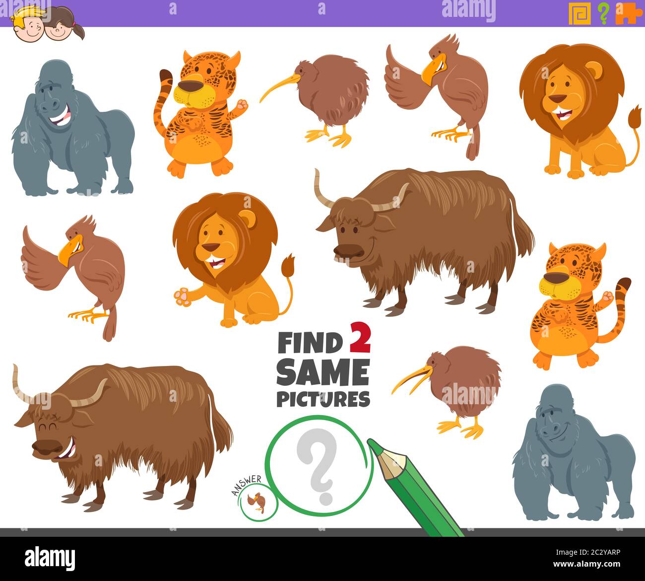 find two same wild animal characters game for kids Stock Photo - Alamy