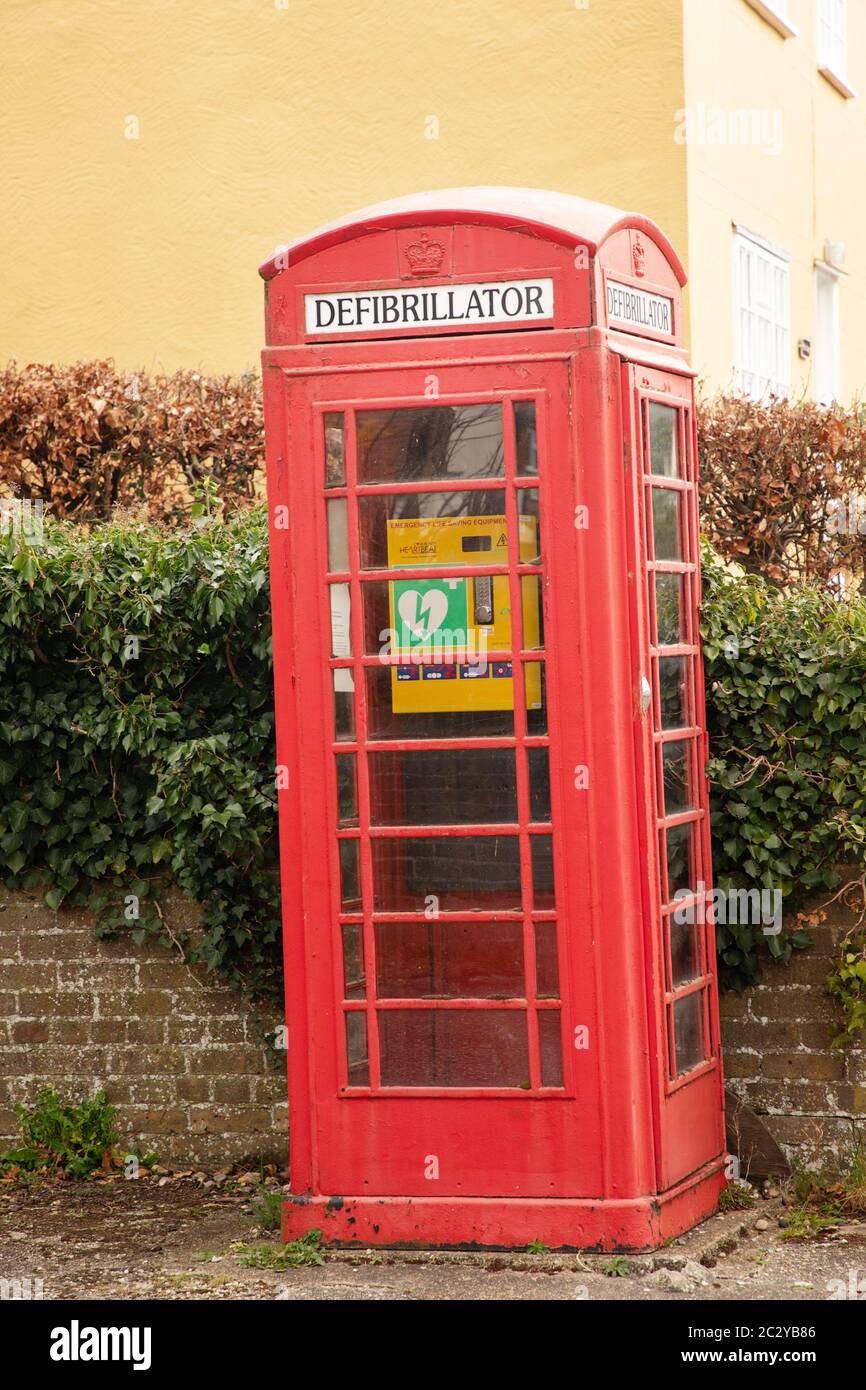 defibrillator  in a old telephone box in the essex villag of terling  in the uk Stock Photo