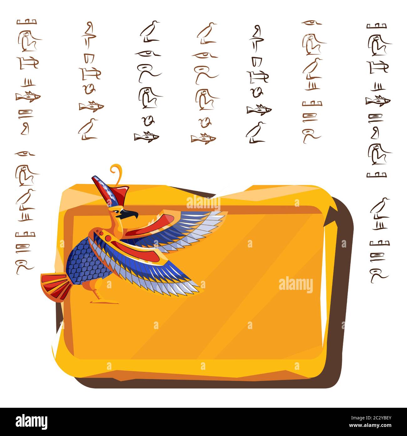 Stone board or clay tablet, falcon and Egyptian hieroglyphs cartoons vector illustration Ancient object for storing information, graphical user interf Stock Vector