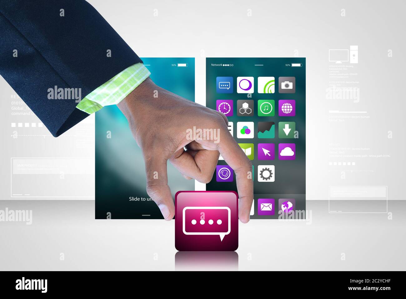 Man showing app icons with chat bubble Stock Photo - Alamy