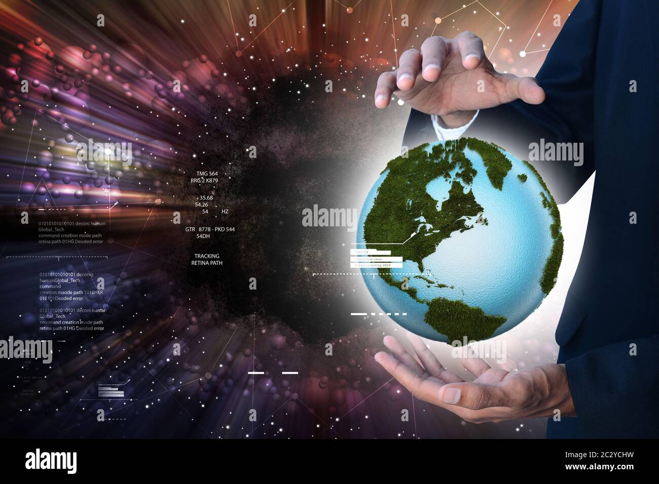 businessman hand showing digital planet Stock Photo