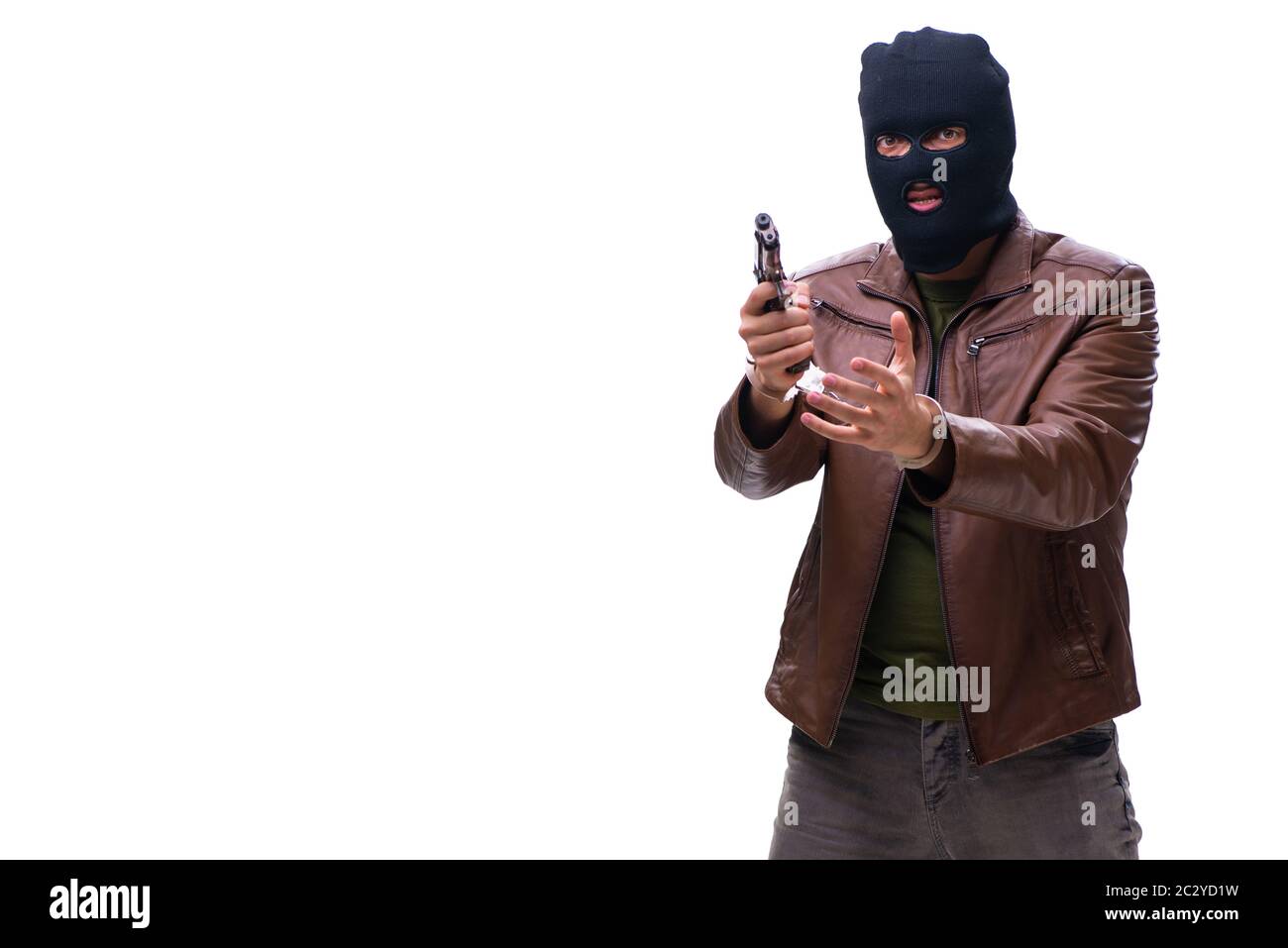 Robber wearing balaclava isolated on white background Stock Photo