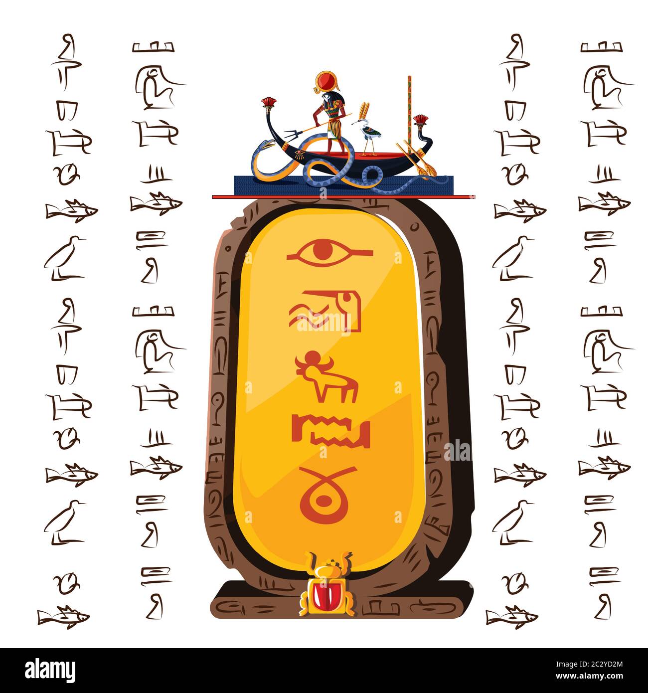 Ancient Egypt clay or stone plate cartoon vector with hieroglyphs and Egyptian culture religious symbols, Ra, sun god at night sails in boat on underg Stock Vector
