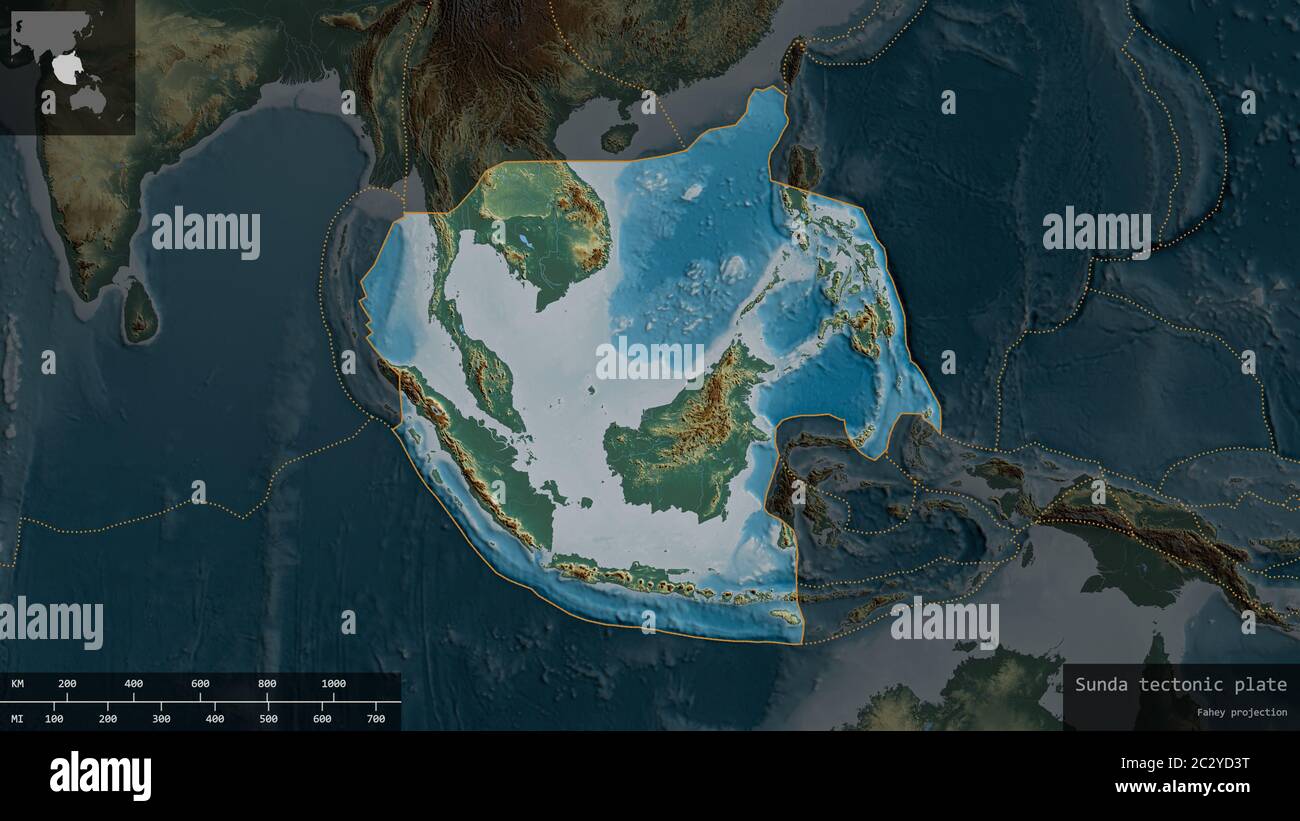 Sunda plate shape outlined on a darkened and desaturated background of the  relief map with informative overlays. 3D rendering Stock Photo - Alamy