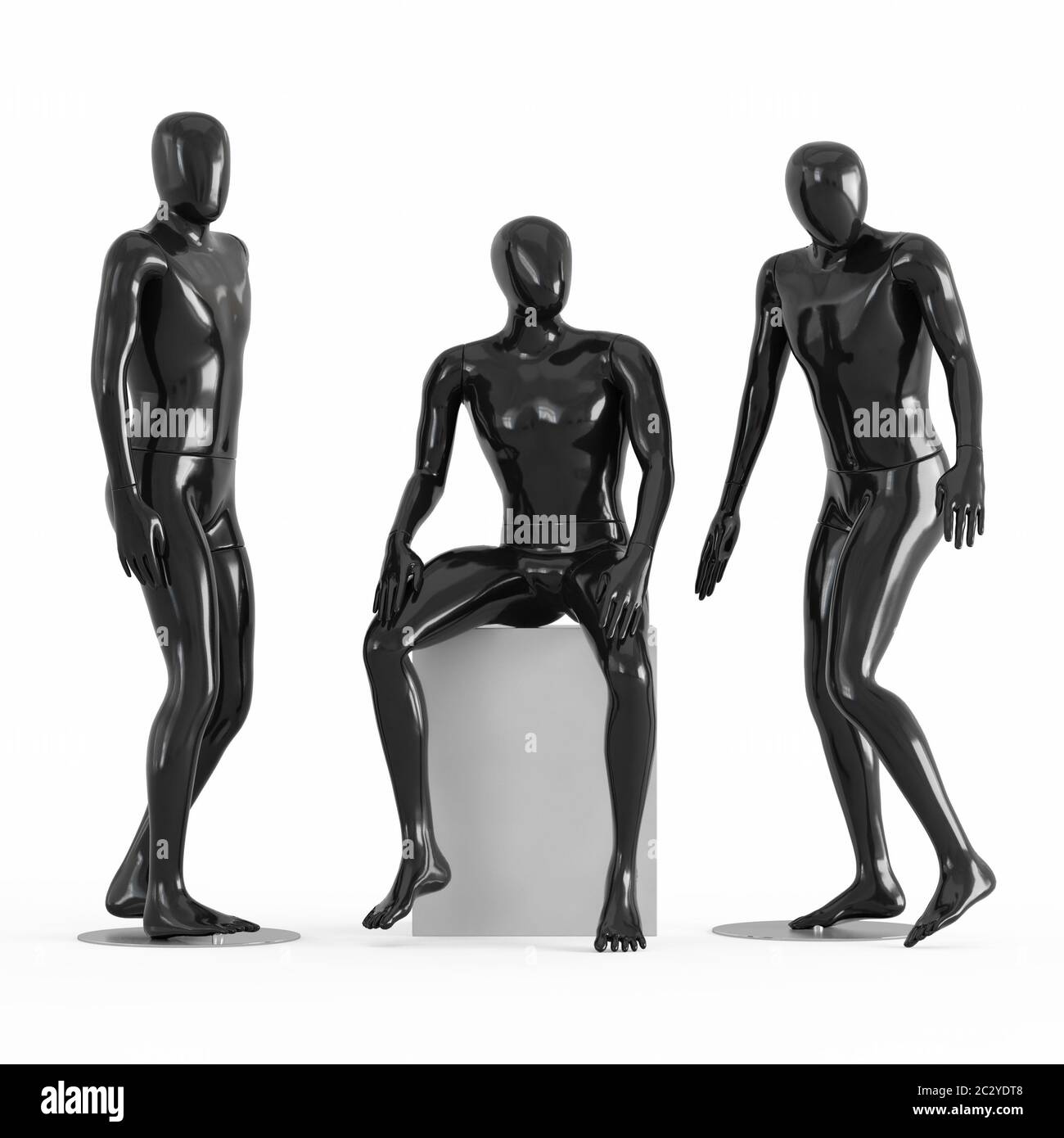 Three black mannequins two stand, one sits. Black and white plastic 3D rendering Stock Photo