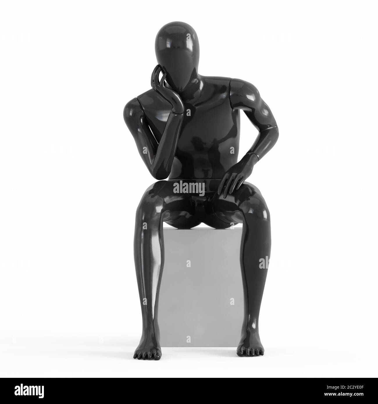A black mannequin sits on a white box leaning on his arm. 3d rendering