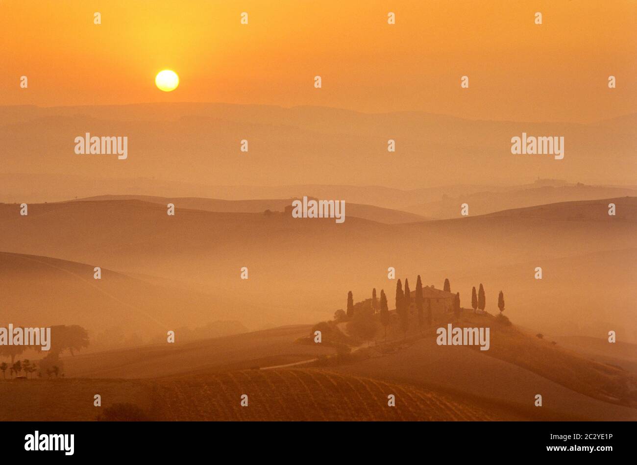 Tuscany sunrise, San Quirico d'Orcia, Italy Stock Photo