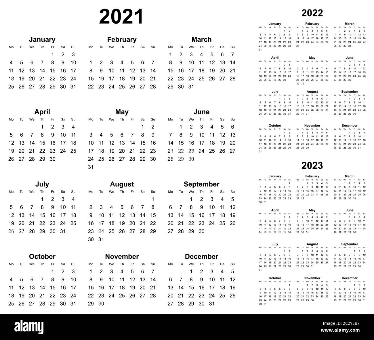 Simple Editable Vector Calendars For Years 2021 2022 2023 Mondays First