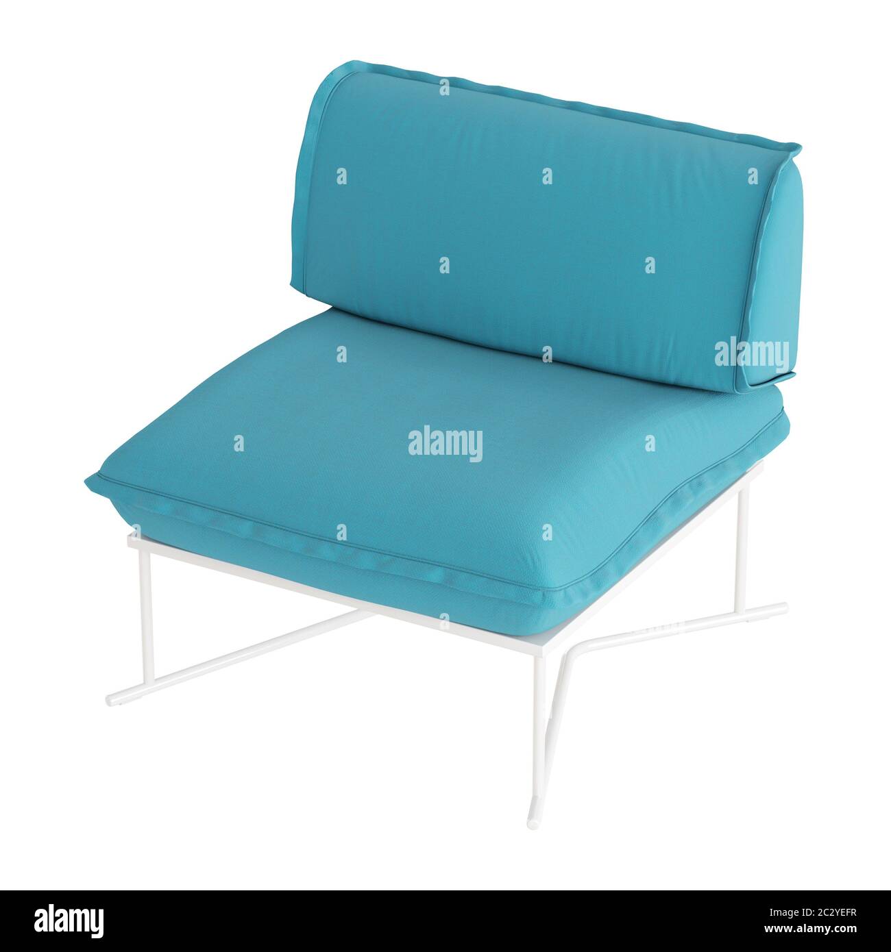 Soft blue armchair on an isolated background with a white metal leg. 3d render Stock Photo