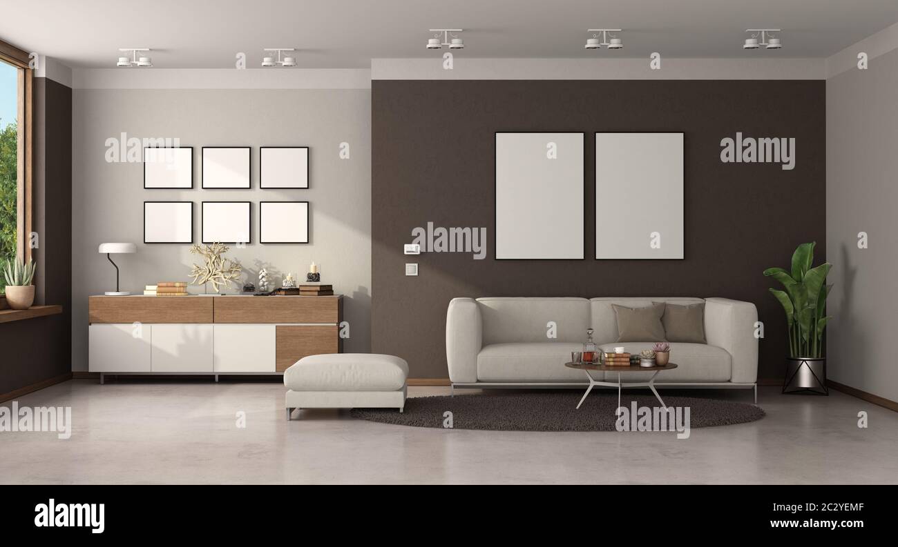 Minimalist Living Room With Modern Sofa And Sideboard On Background 3d Rendering Stock Photo Alamy