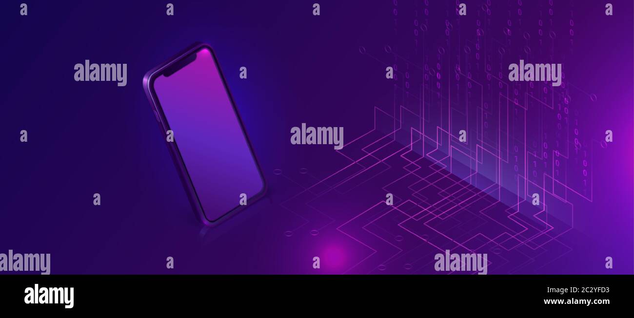Mobile document manager business concept vector isometric illustration. Smartphone on purple ultraviolet background with information waterfall or big Stock Vector