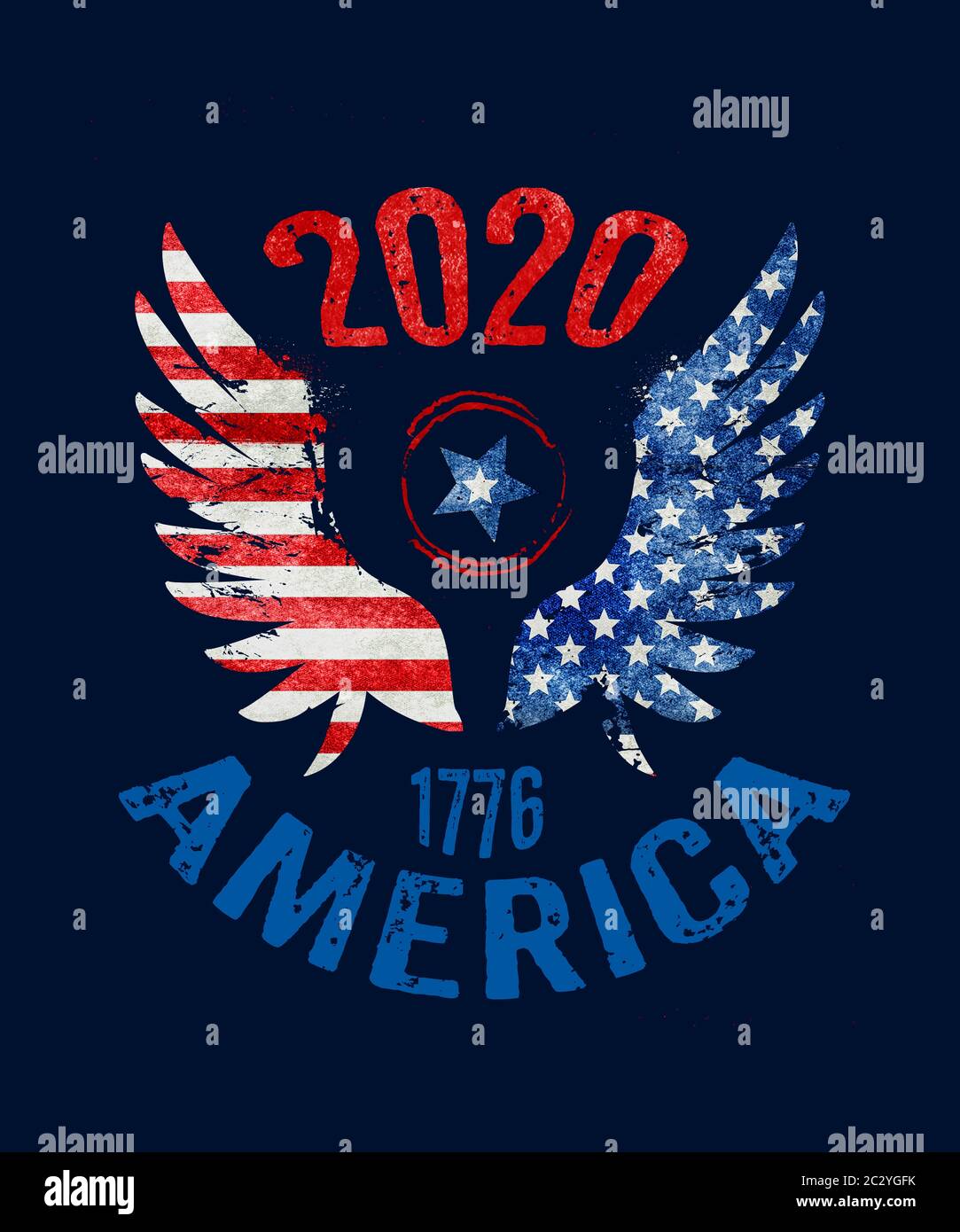 Graphic with eagle wings in stars and stripes design featuring 1776, the year of foundation of the USA and 2020 Stock Photo