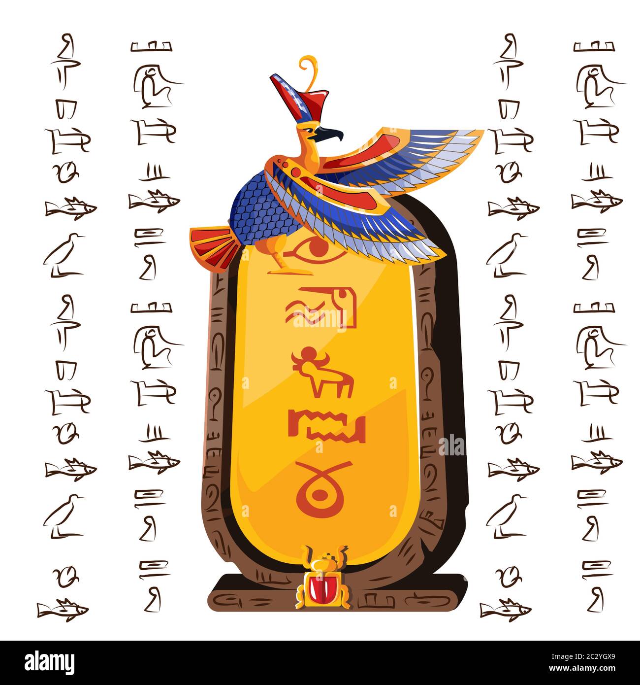 Stone board or clay tablet, falcon and Egyptian hieroglyphs cartoons vector illustration Ancient object for storing information, graphical user interf Stock Vector