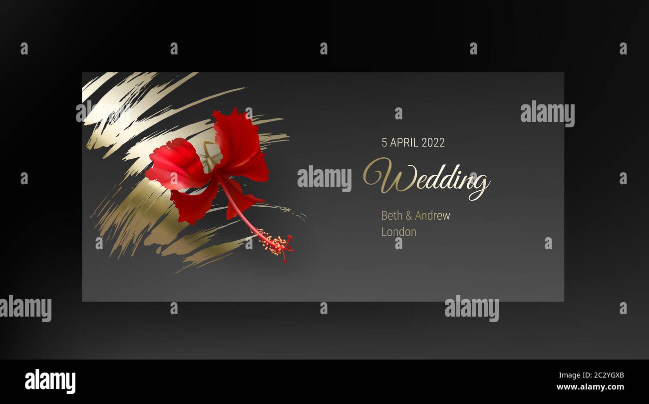 Tropical red hibiscus flower on dark black and gold background vector ...