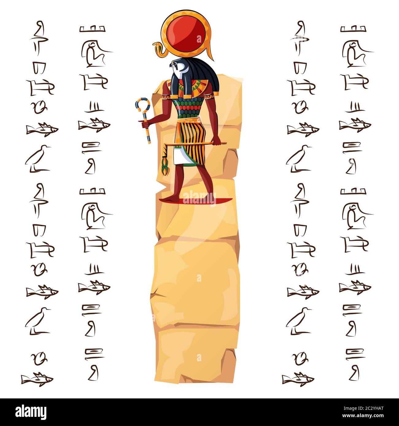 Ancient Egypt papyrus part or stone column with sacred falcon headed god cartoon vector illustration. Egyptian culture symbol, blank unfolded ancient Stock Vector