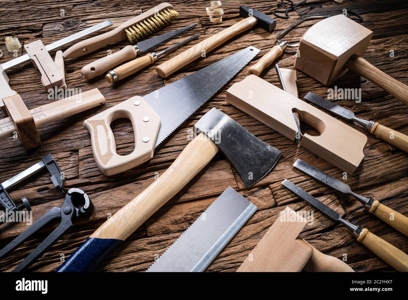 Various Carpenter Tools From Toolkit Laying On Desk Stock Photo Alamy