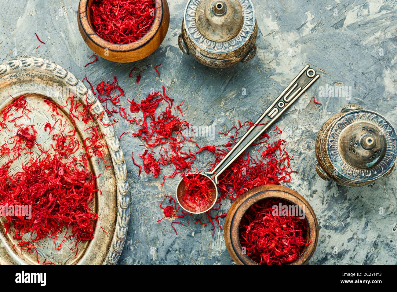 Exotic spice, saffron on a vintage oriental tray Stock Photo Alamy