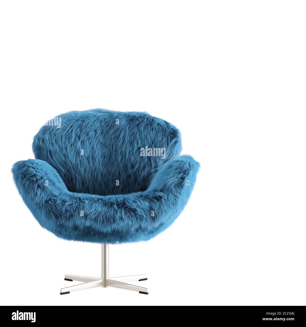 Beautiful turquoise fluffy armchair made of wool front view on an isolated background. 3D rendering Stock Photo