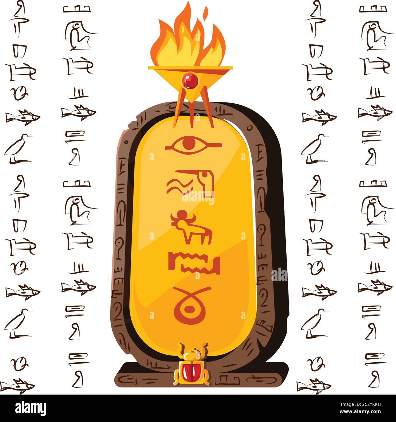 Stone board or clay tablet with sacrificial fire icon and Egyptian hieroglyphs cartoon vector illustration. Ancient object for recording storing infor Stock Vector