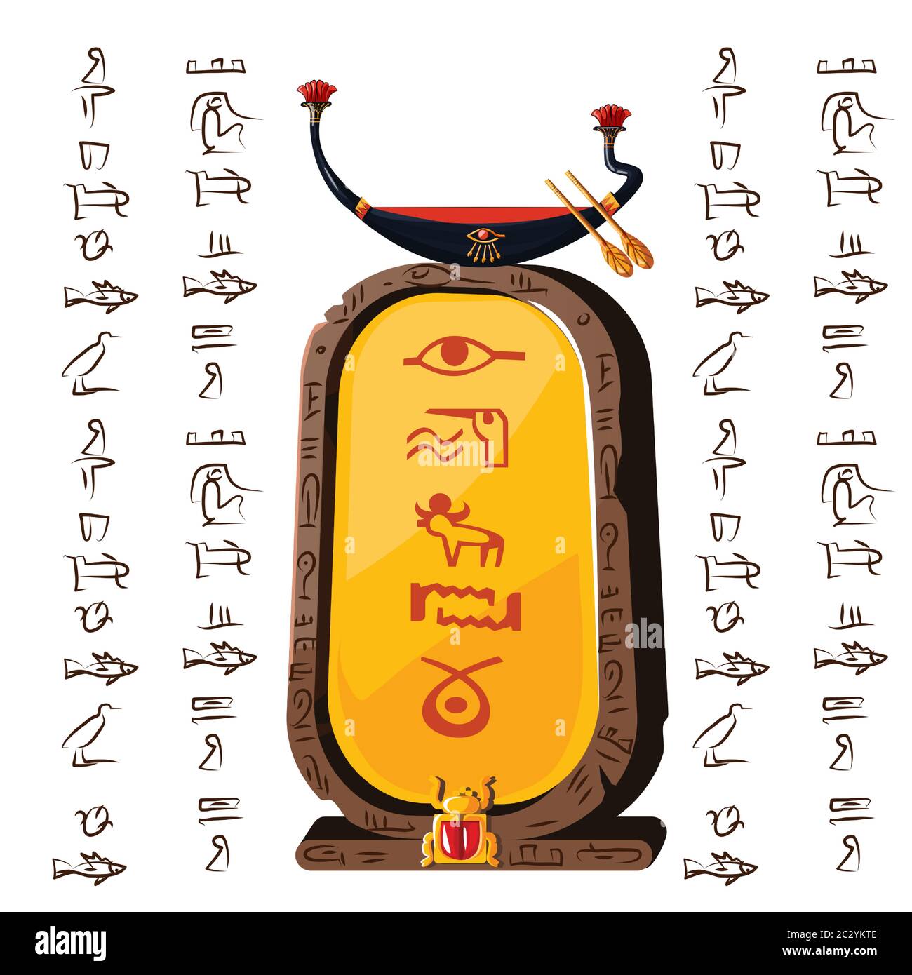 Stone board or clay plate with boat Ra and Egyptian hieroglyphs cartoon vector illustration. Ancient object for recording storing information, graphic Stock Vector