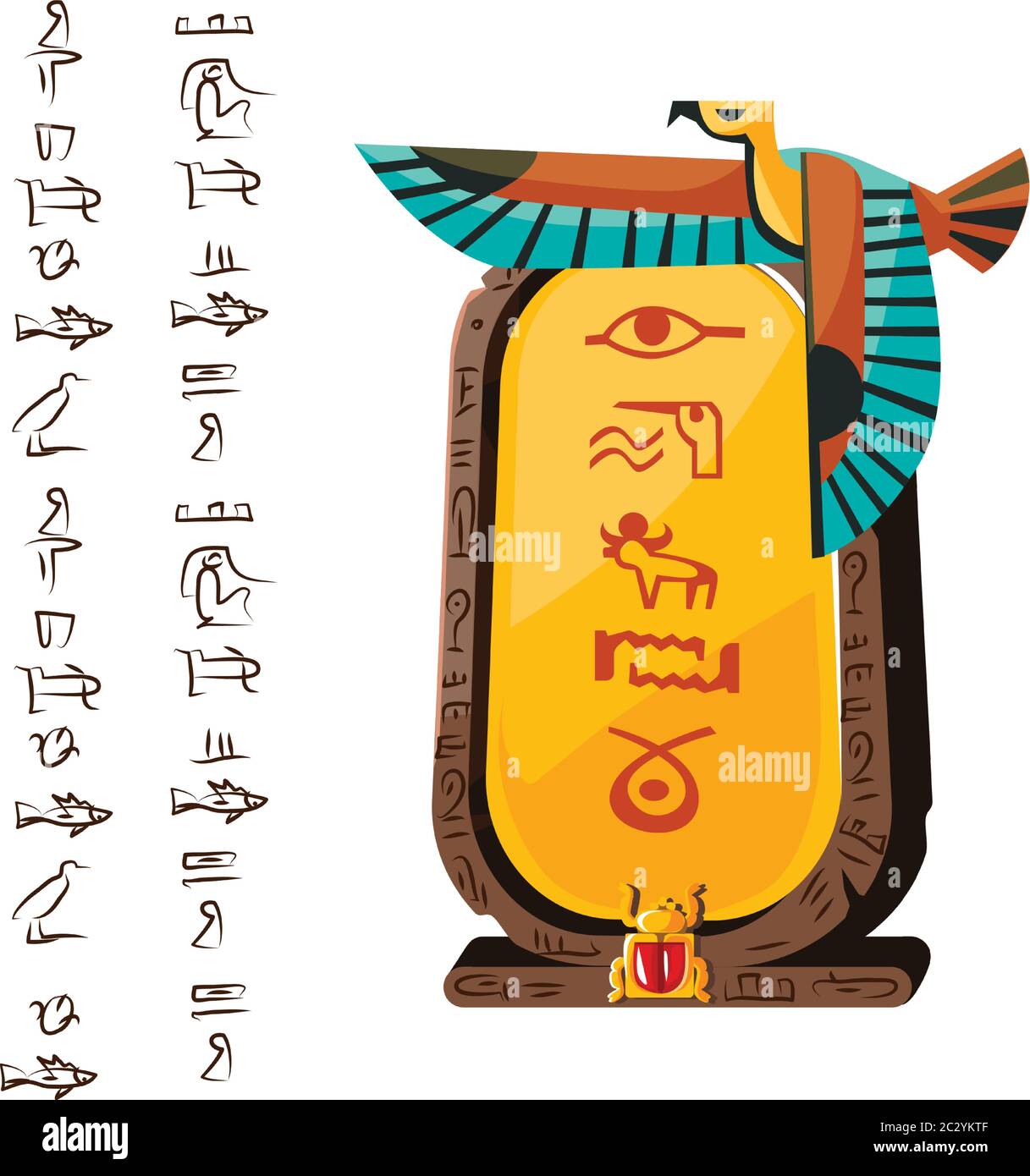 Stone board or clay tablet with flying bird and Egyptian hieroglyphs cartoon vector illustration Ancient object for recording storing information, gra Stock Vector